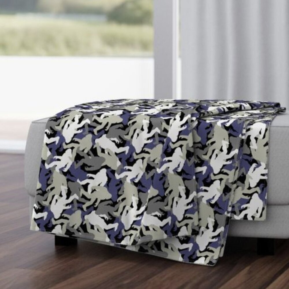 Bigfoot Camo Throw Blanket, Blue Camouflage Sasquatch Silhouette, 50x70 inches,